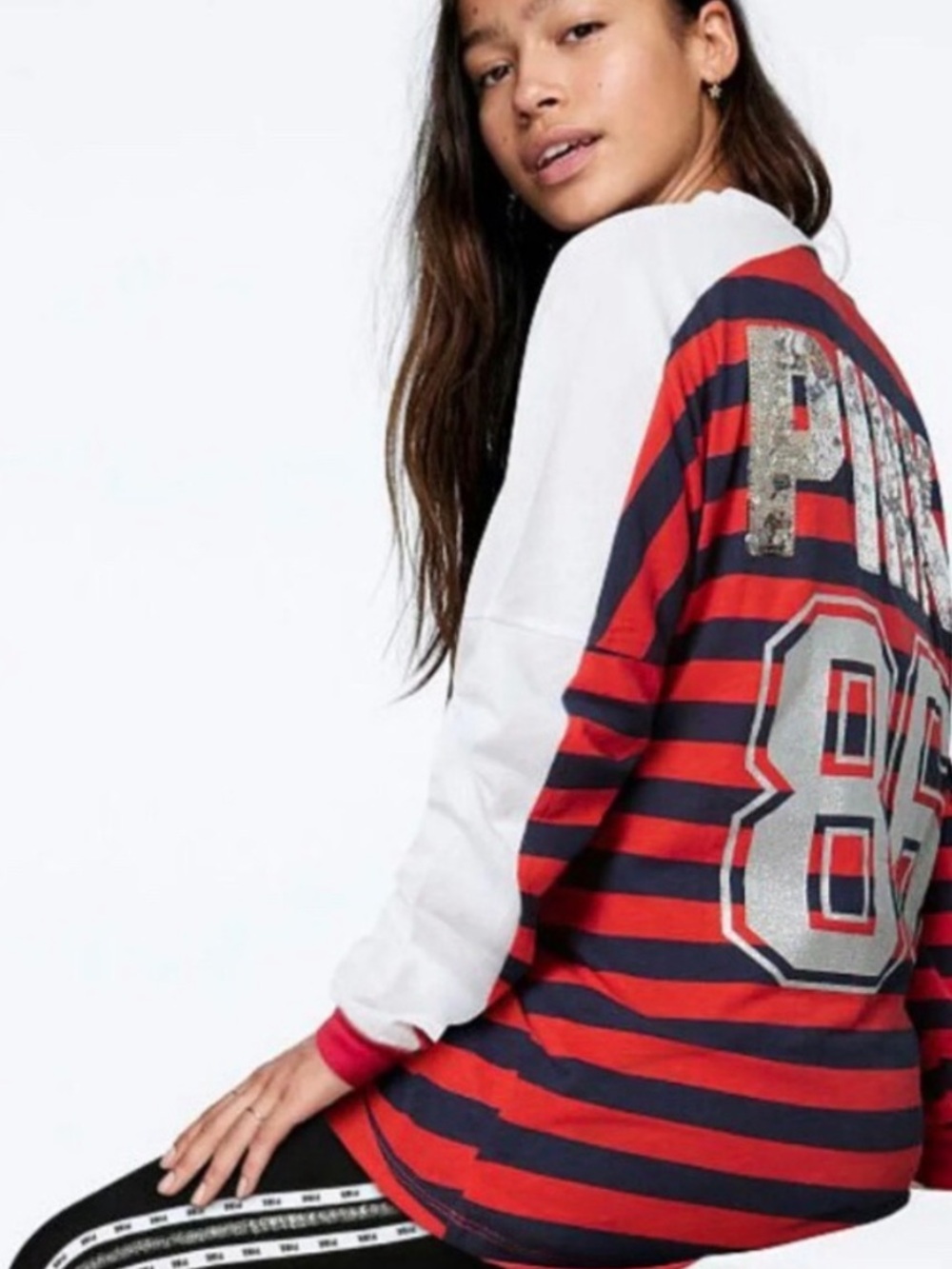 Victoria's Secret Pink Striped Sequin Red/Blue T-Shirt Womens Small